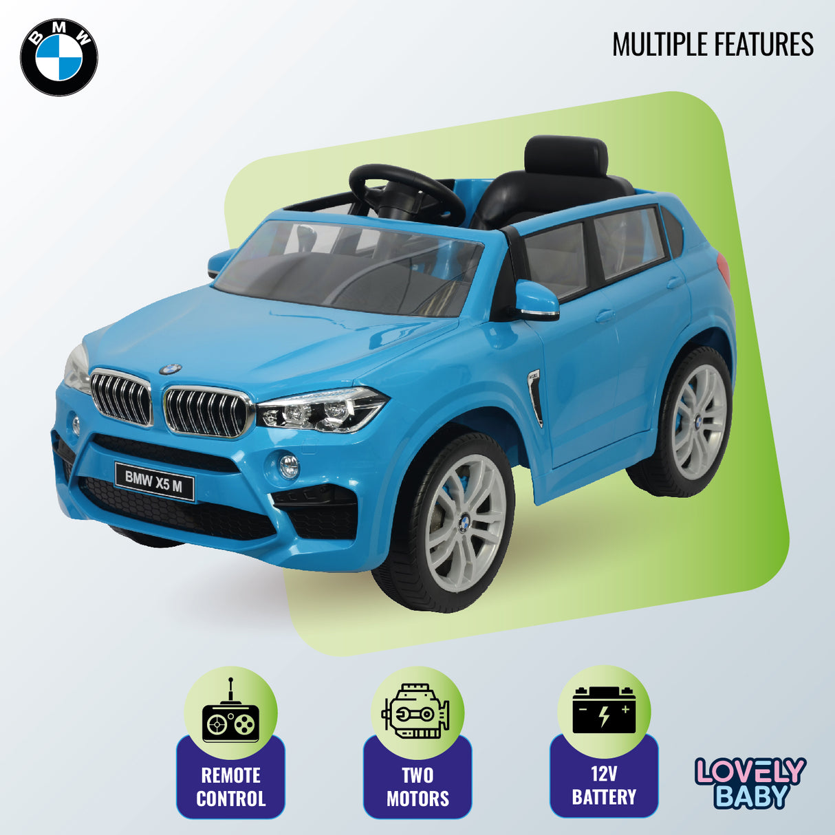 Blue toy car with BMW logo on a light gray background