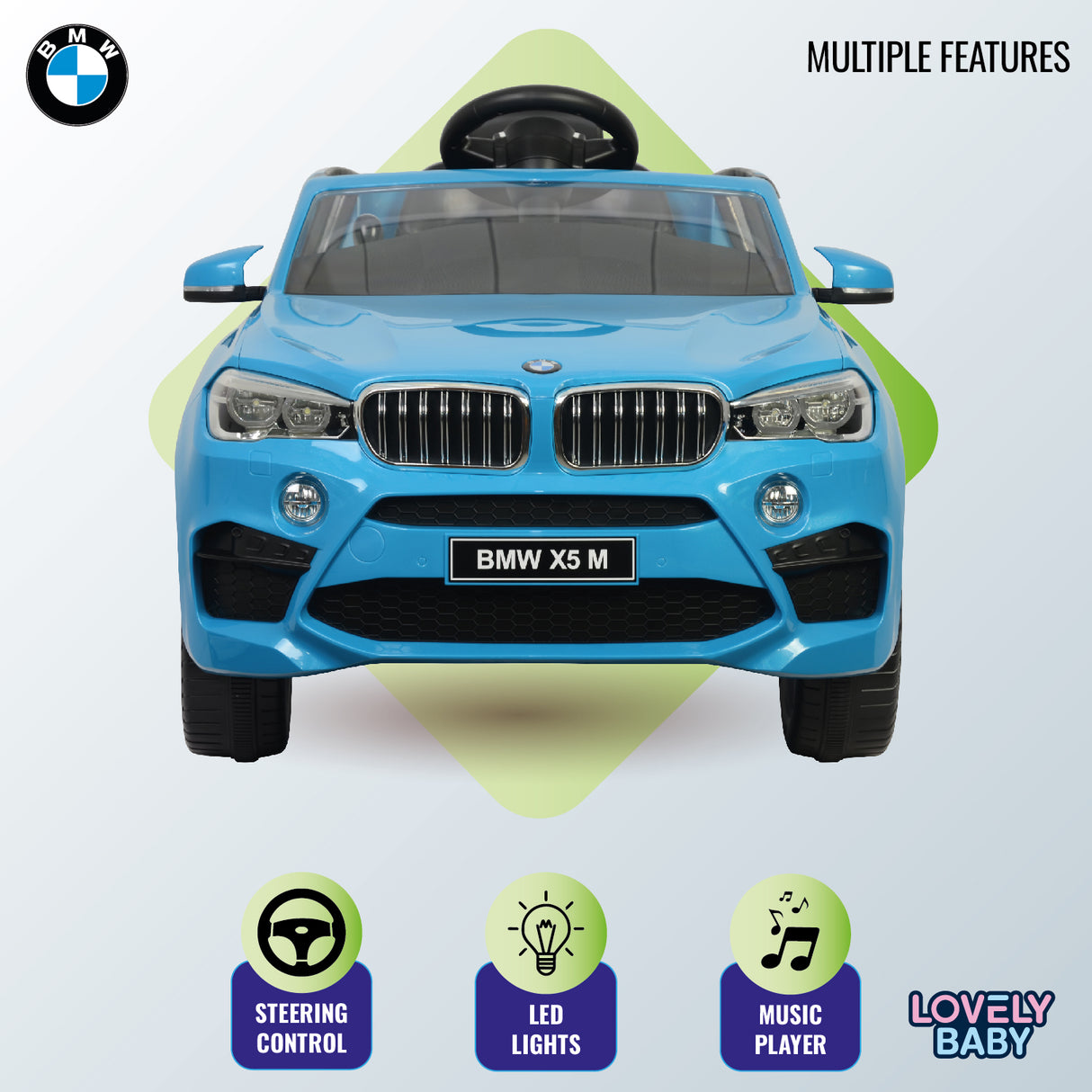 Blue toy car with BMW logo on a white background