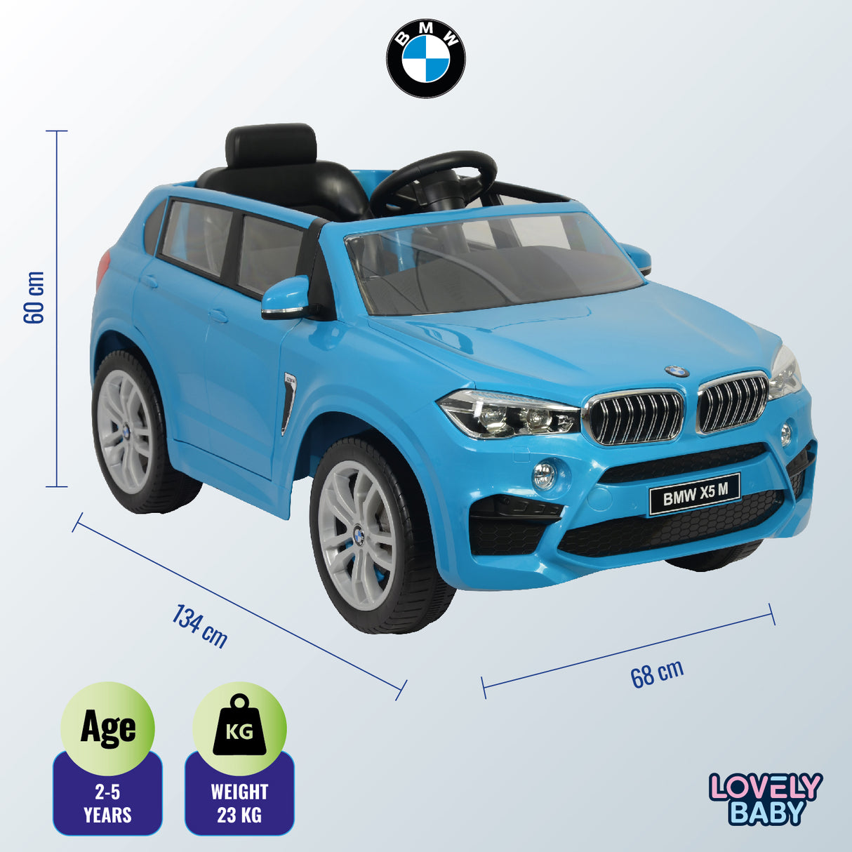Blue toy car with BMW logo and dimensions on a light blue background