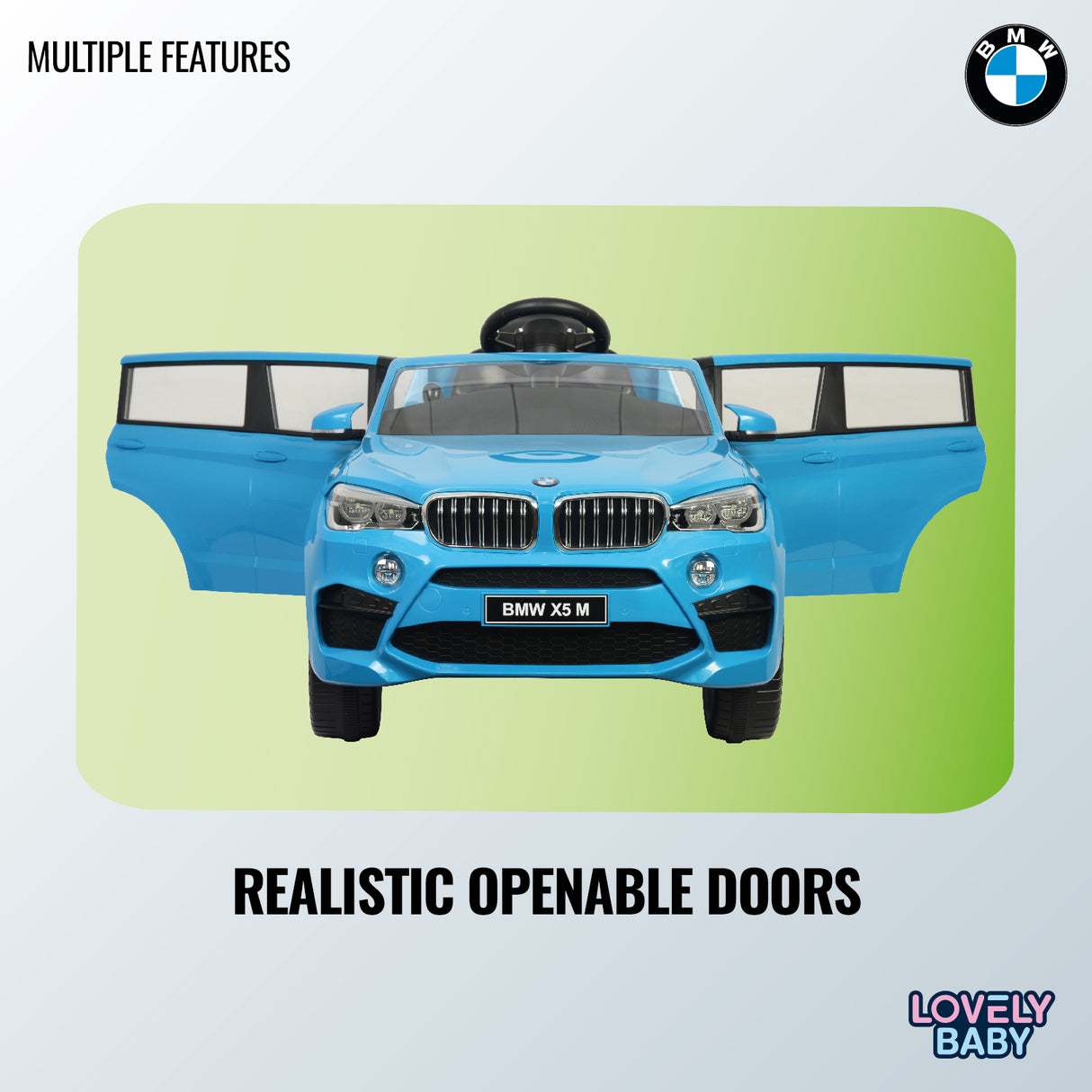 Toy car with openable doors on a green and blue background, featuring BMW logo.
