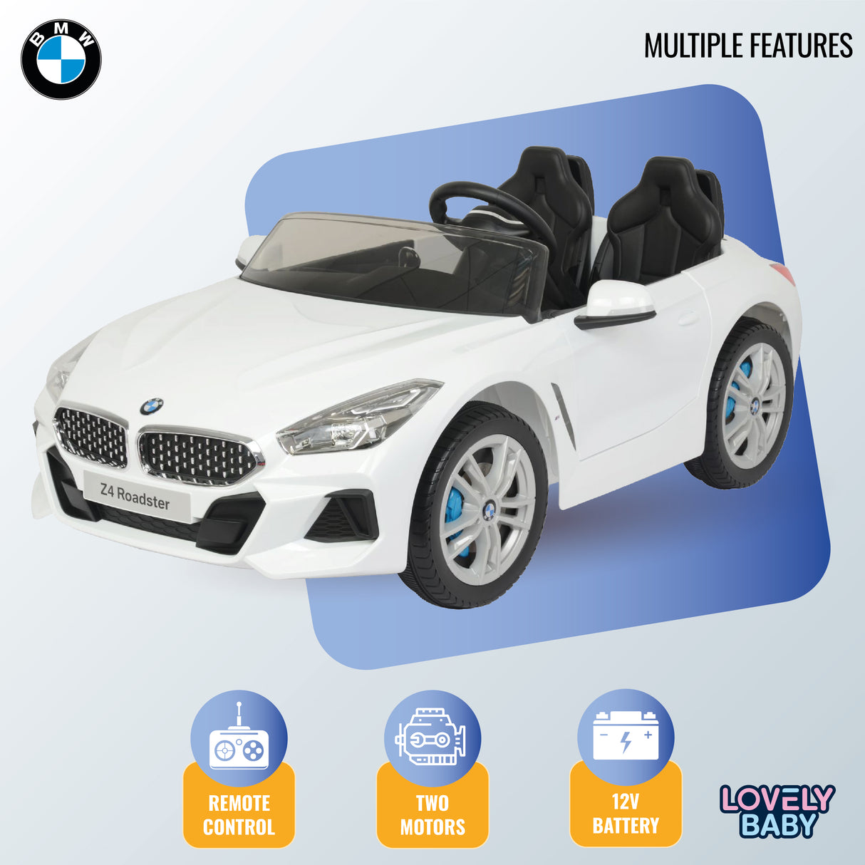 White toy car with BMW logo on a light blue background