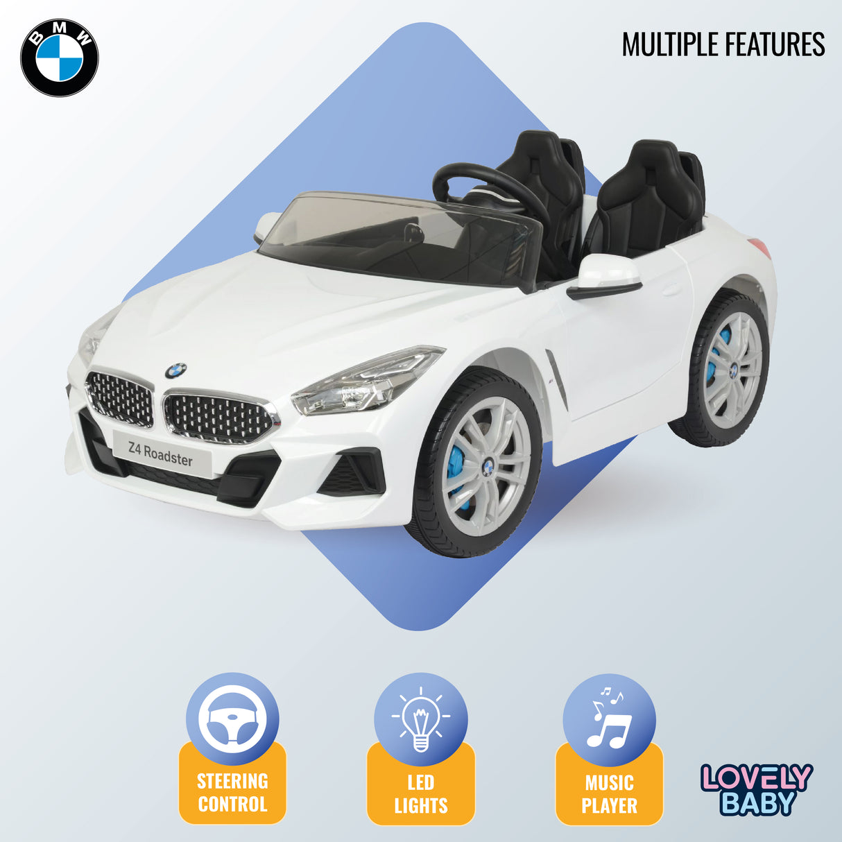 White toy car with BMW logo on a light blue background