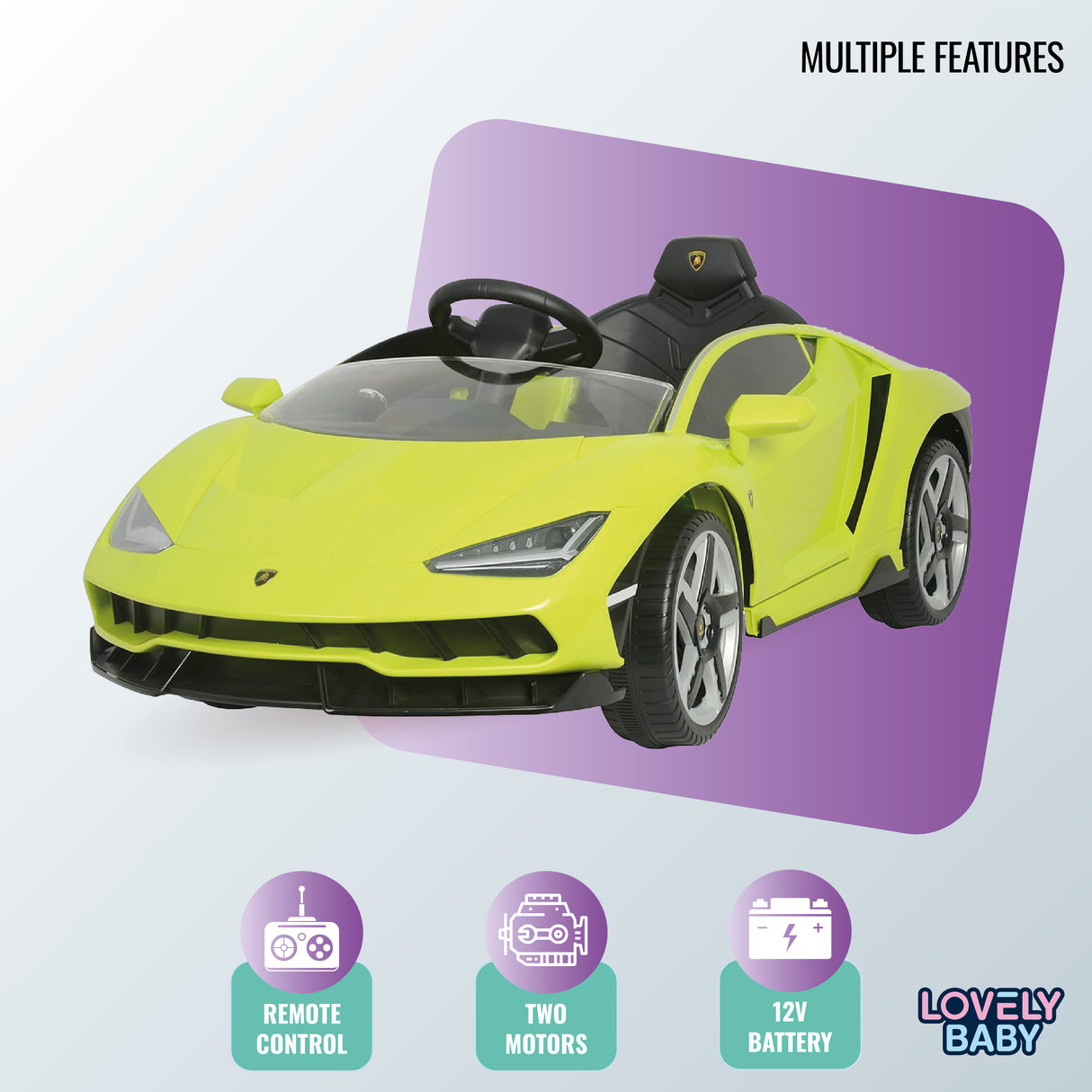 green toy car with features listed on a light purple background