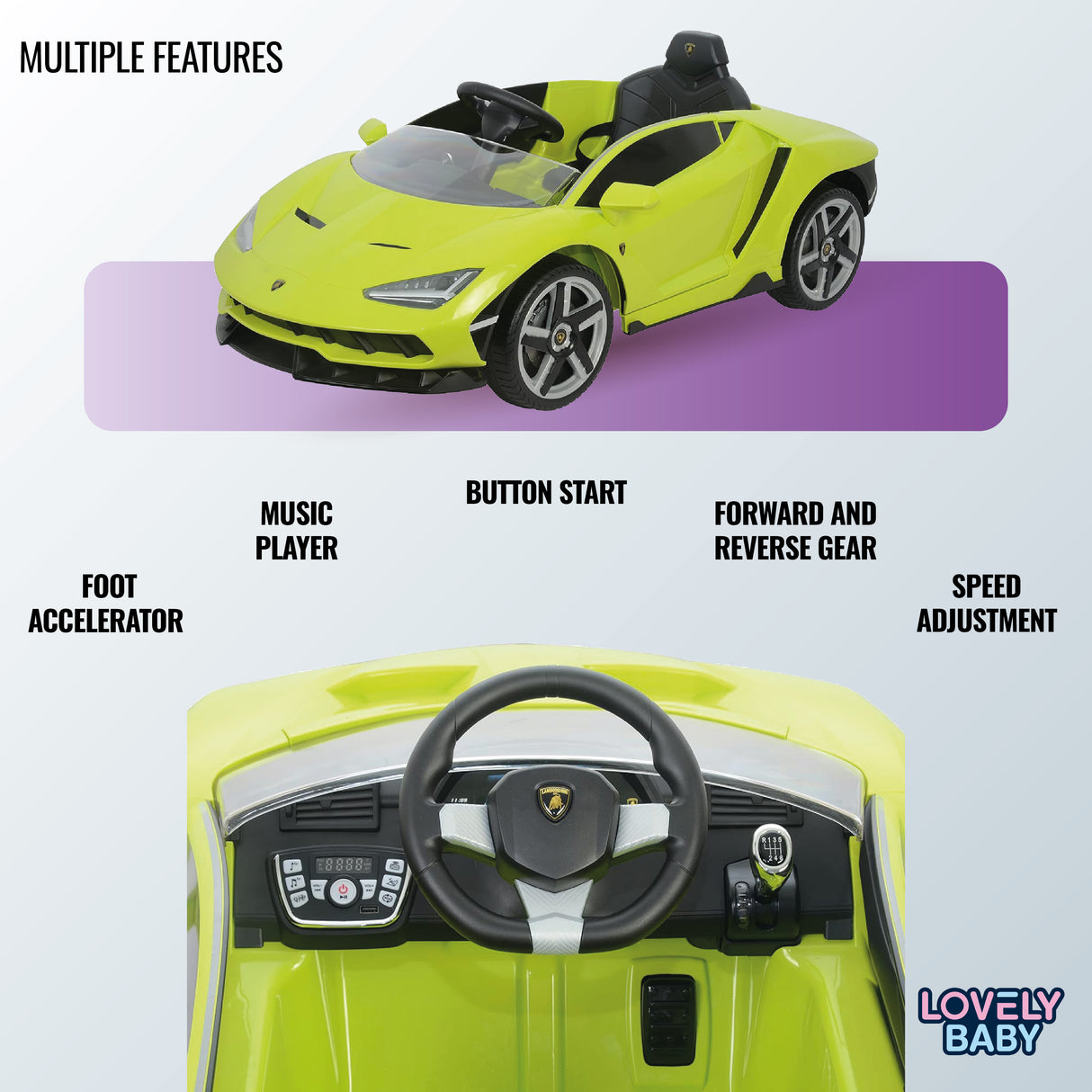 Toy car with features listed on a light gray background