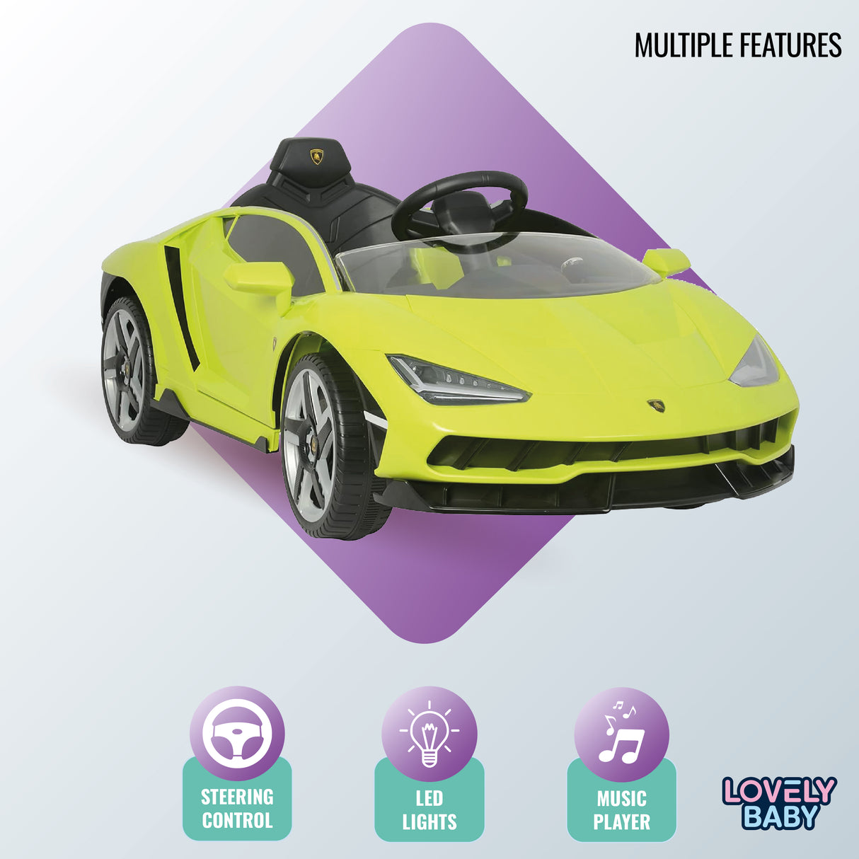 Yellow toy car with multiple features on a purple and white background