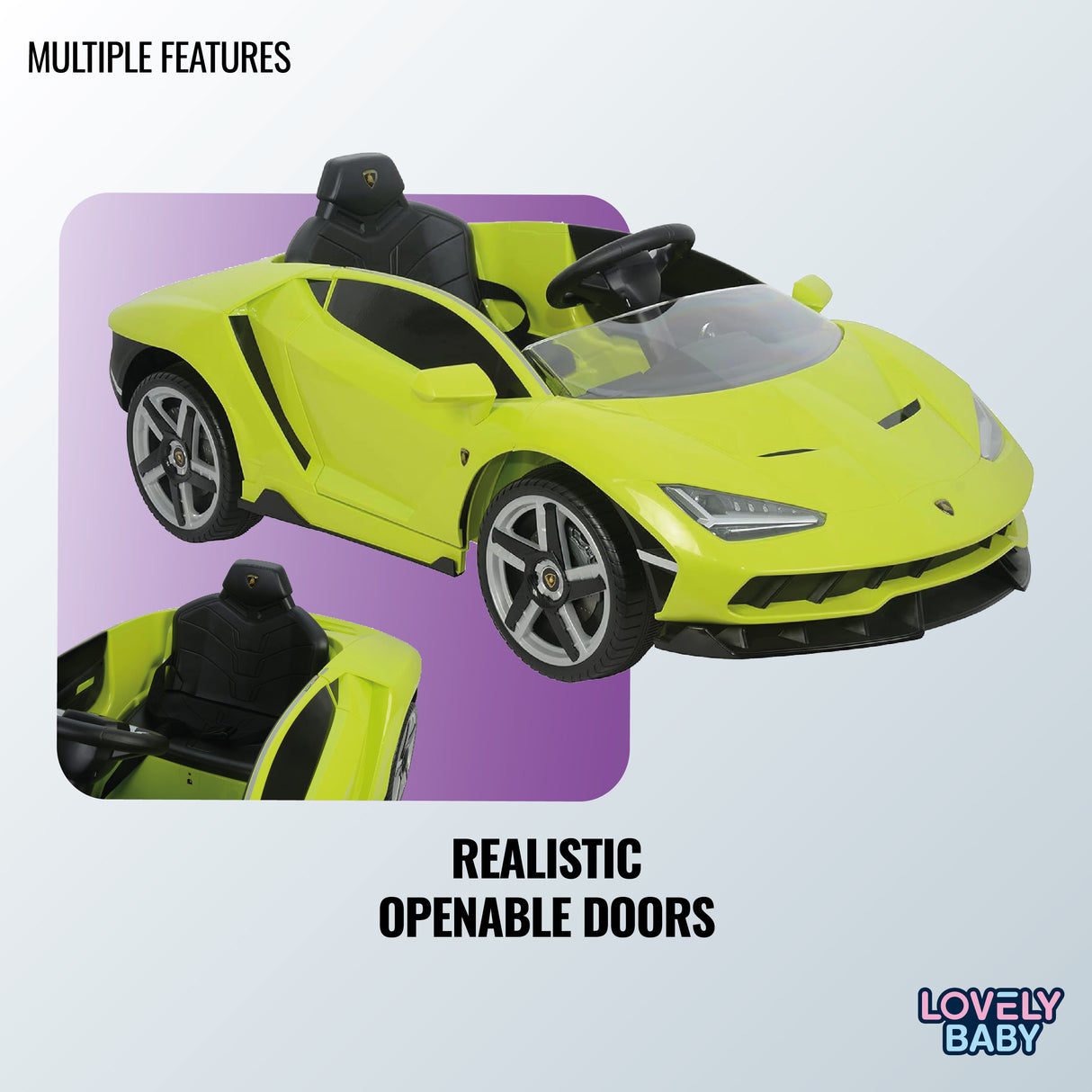 Toy car with openable doors on a light purple background, featuring the brand 'Lovely Baby'.