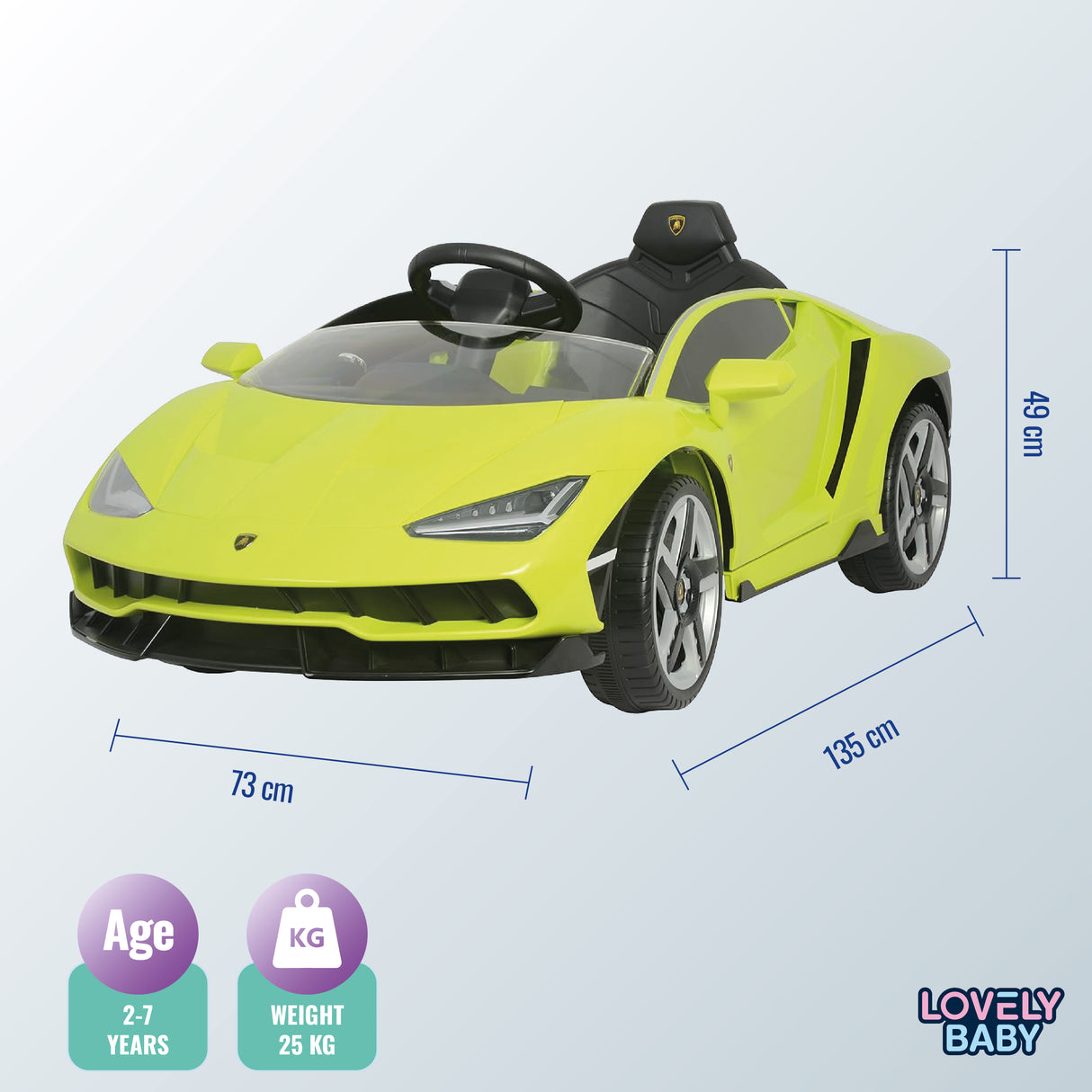 Yellow toy car with dimensions and specifications on a light blue background