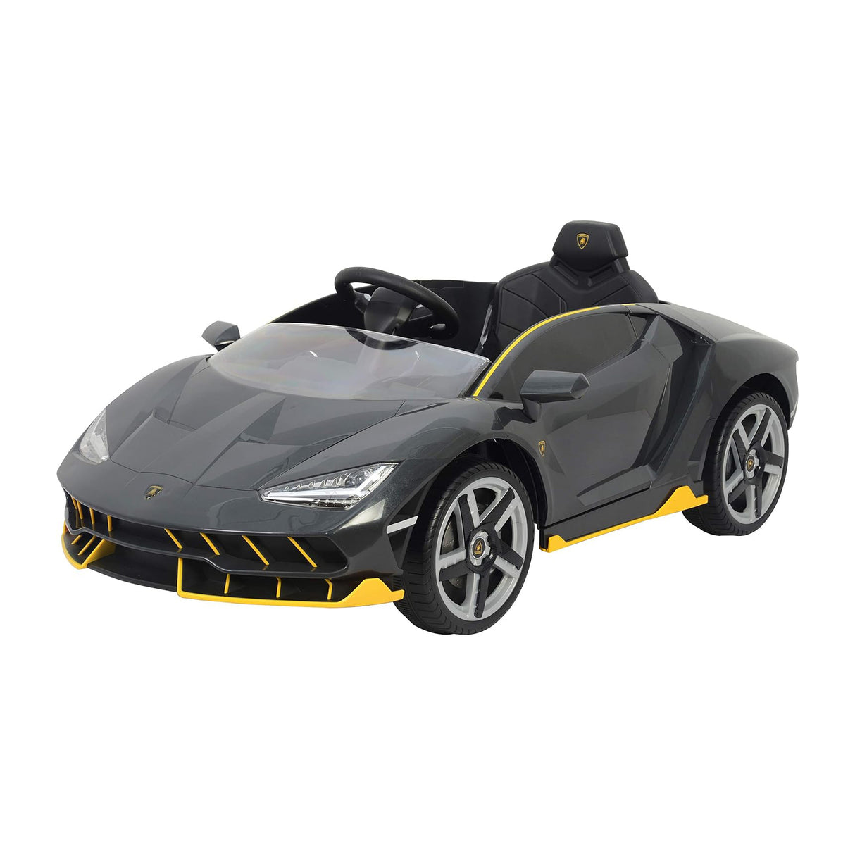 Gray lamborghini toy sports car with yellow accents on a white background