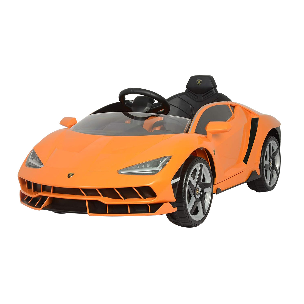 Orange lamborghini toy car with black interior on a white background