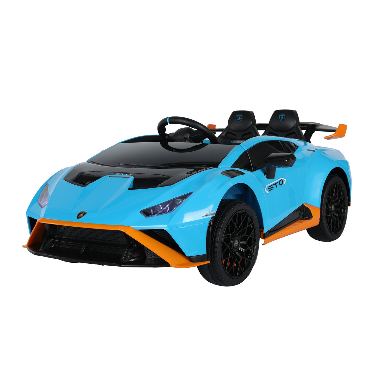 Blue and black lamborghini toy car with orange accents on a white background