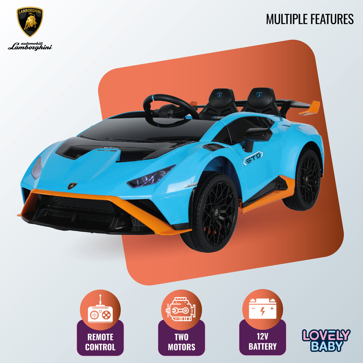 Toy car with Lamborghini logo and features on a white background