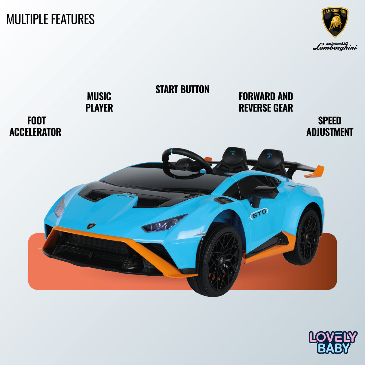 Children's toy car with Lamborghini branding and features listed on a white background.