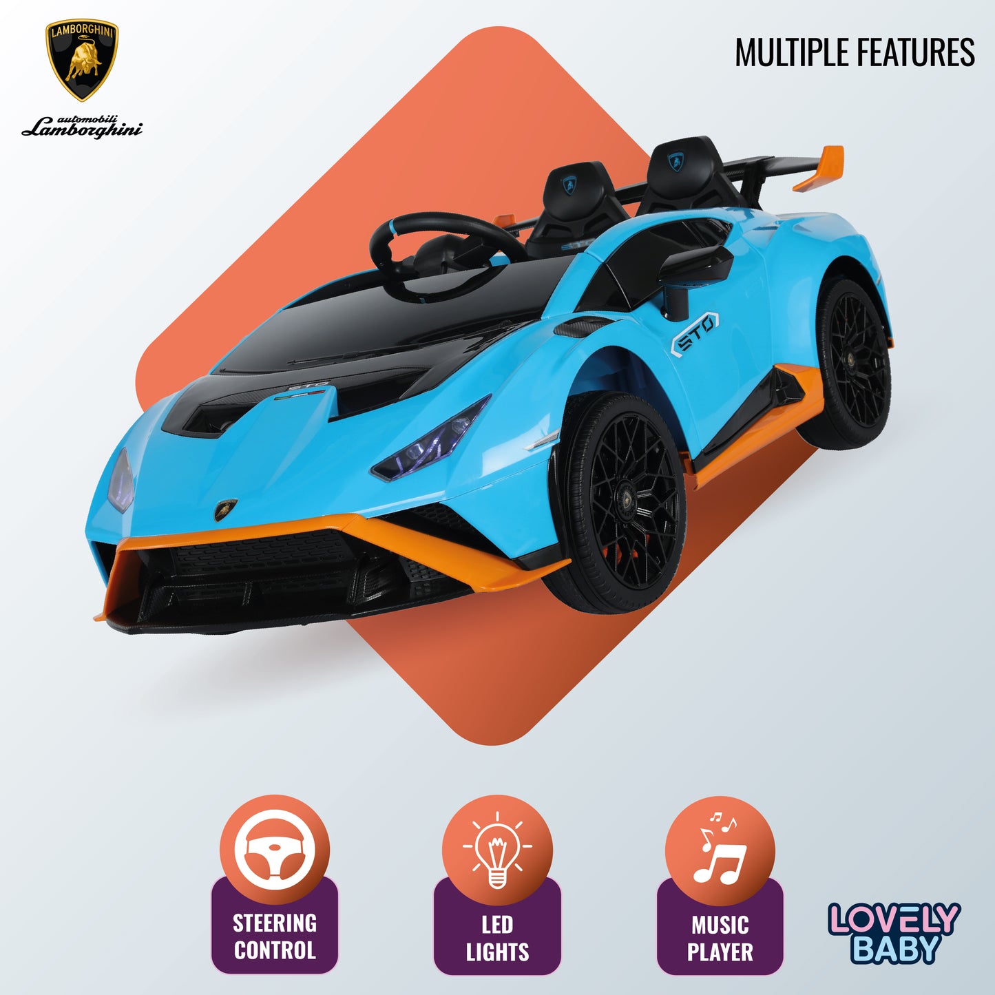 Toy car with Lamborghini logo and features on a white background