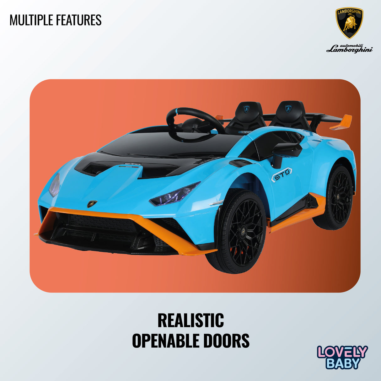 Toy car with openable doors on a light gray background, featuring Lamborghini branding.