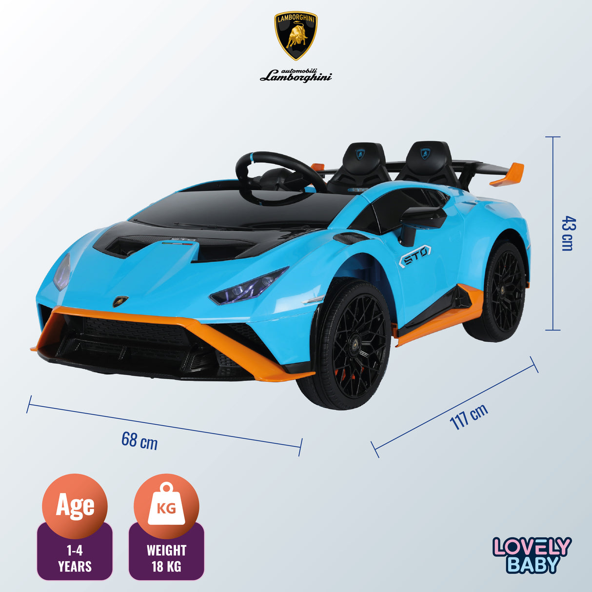 Blue toy car with Lamborghini logo and dimensions on a light gray background