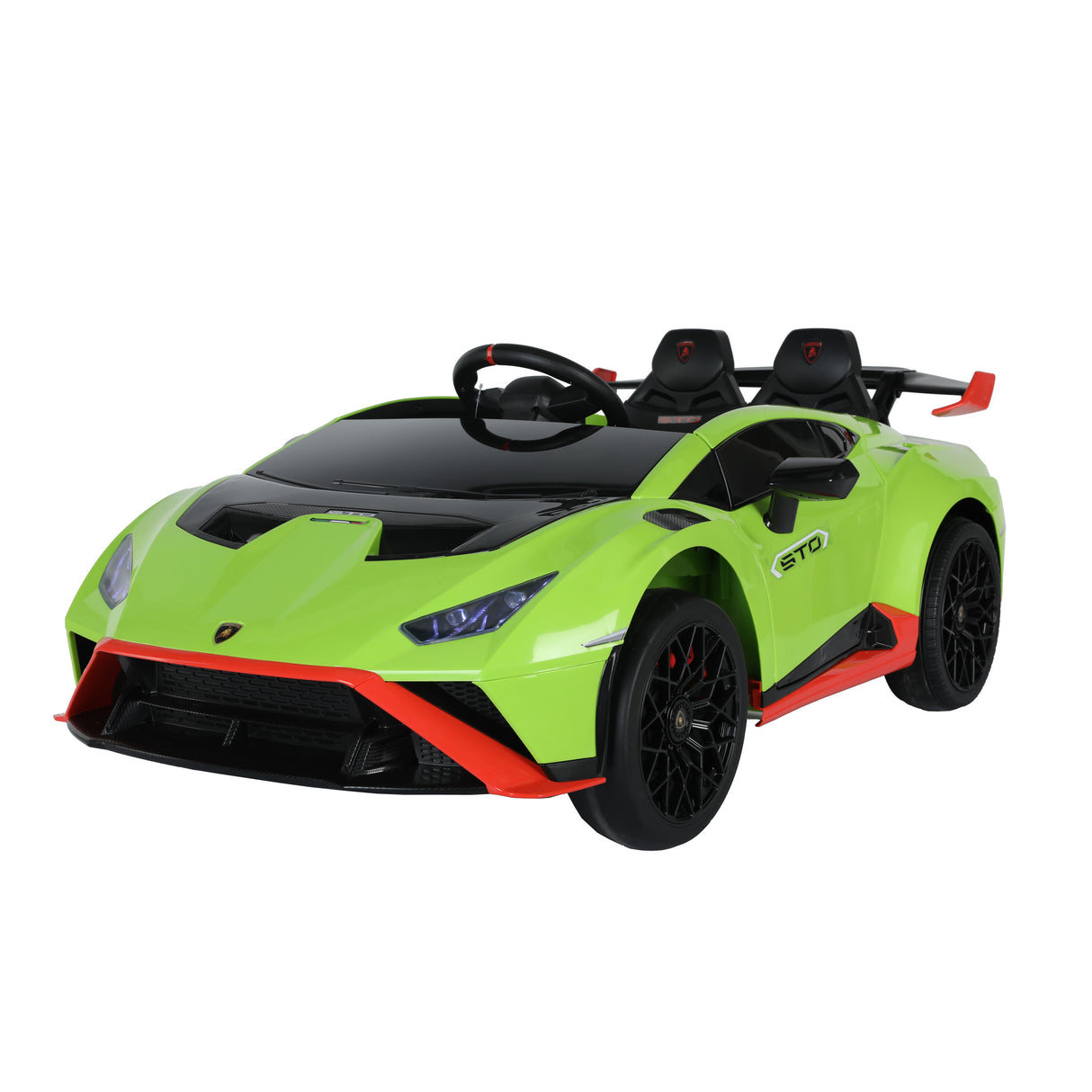 Green lamborghini toy sports car with black and red details on a white background