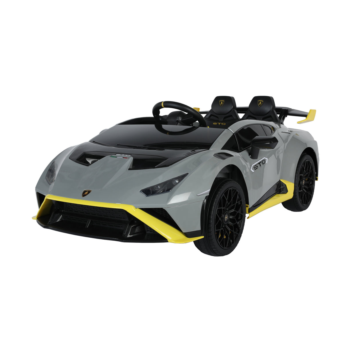 Grey toy car with a design resembling a luxury lamborghini sports car on a white background