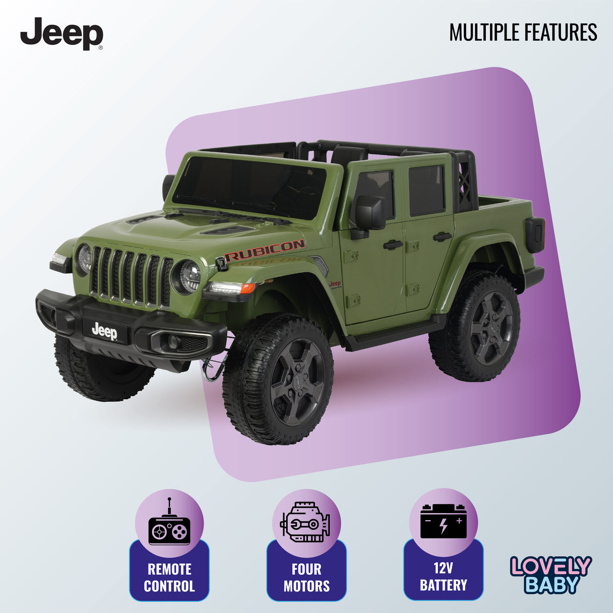 Green toy Jeep with features listed on a light purple background