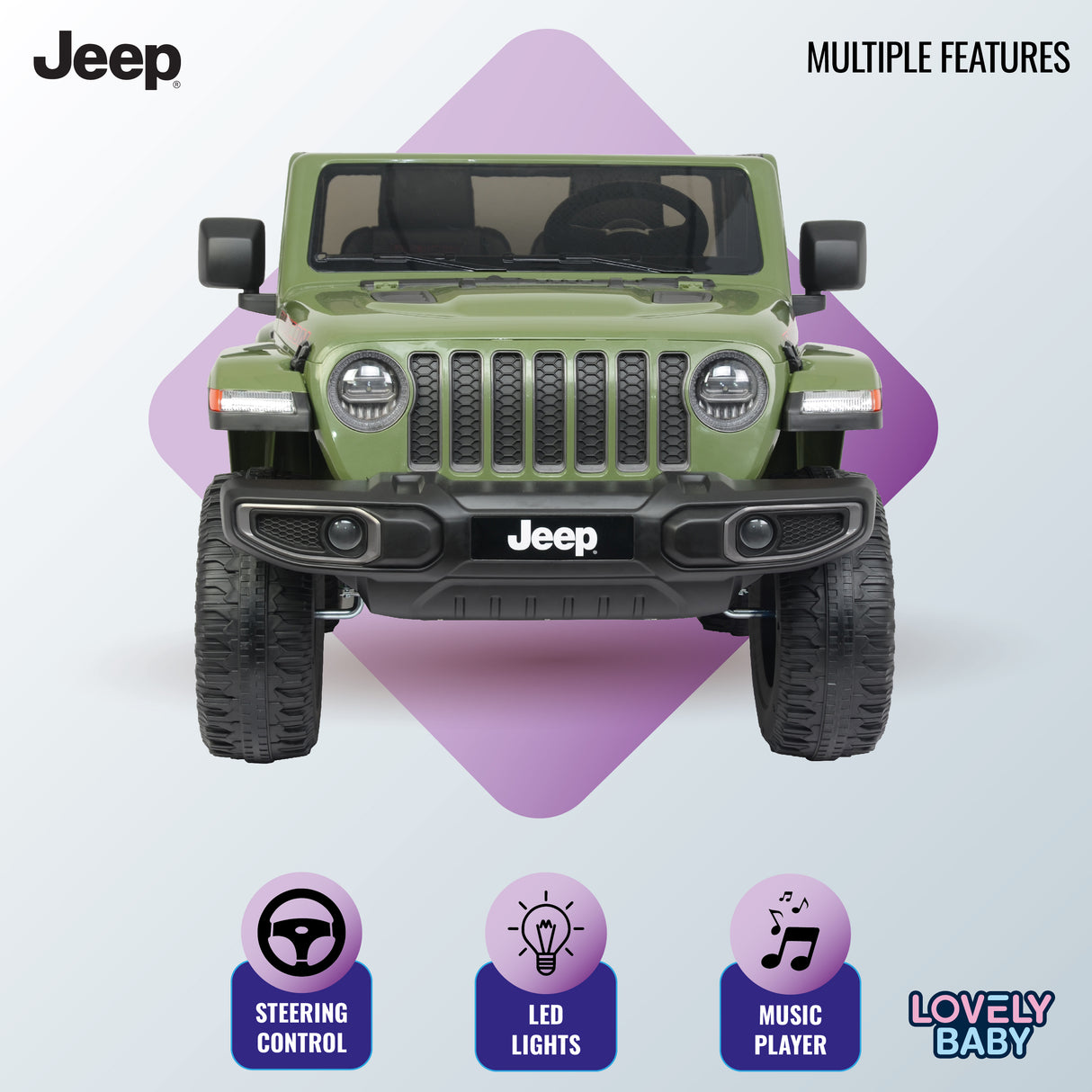 Green Jeep toy car with features like steering control, LED lights, music player, and 'Lovely Baby' text on a white background.