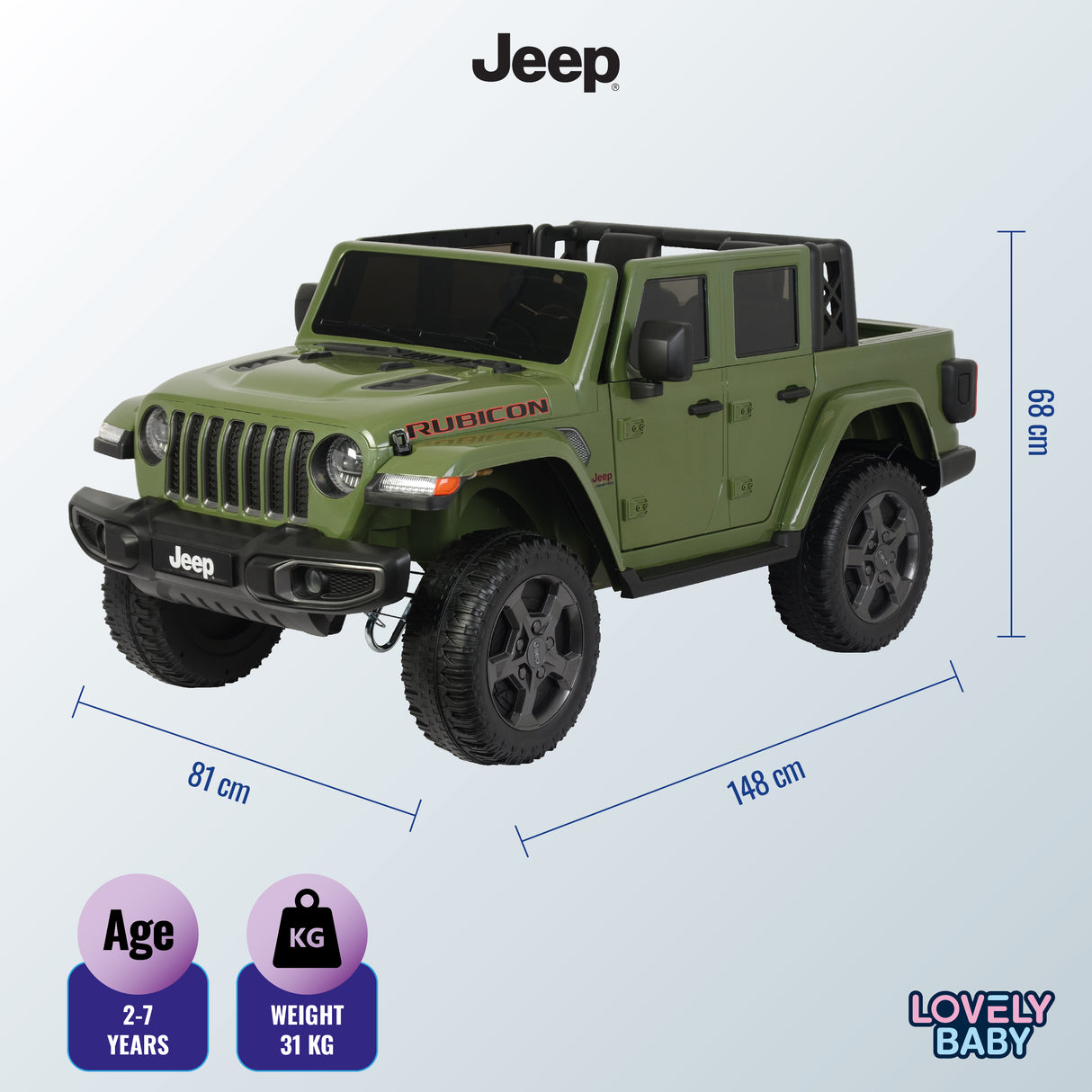 Green toy Jeep with dimensions and specifications on a light blue background