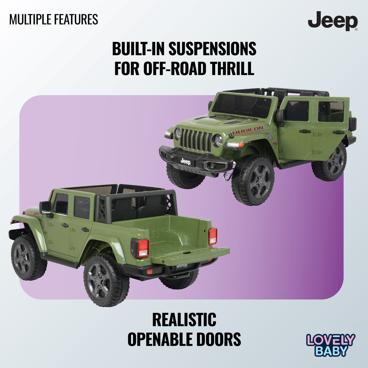 Green Jeep with openable doors on a light purple background, featuring Jeep branding.