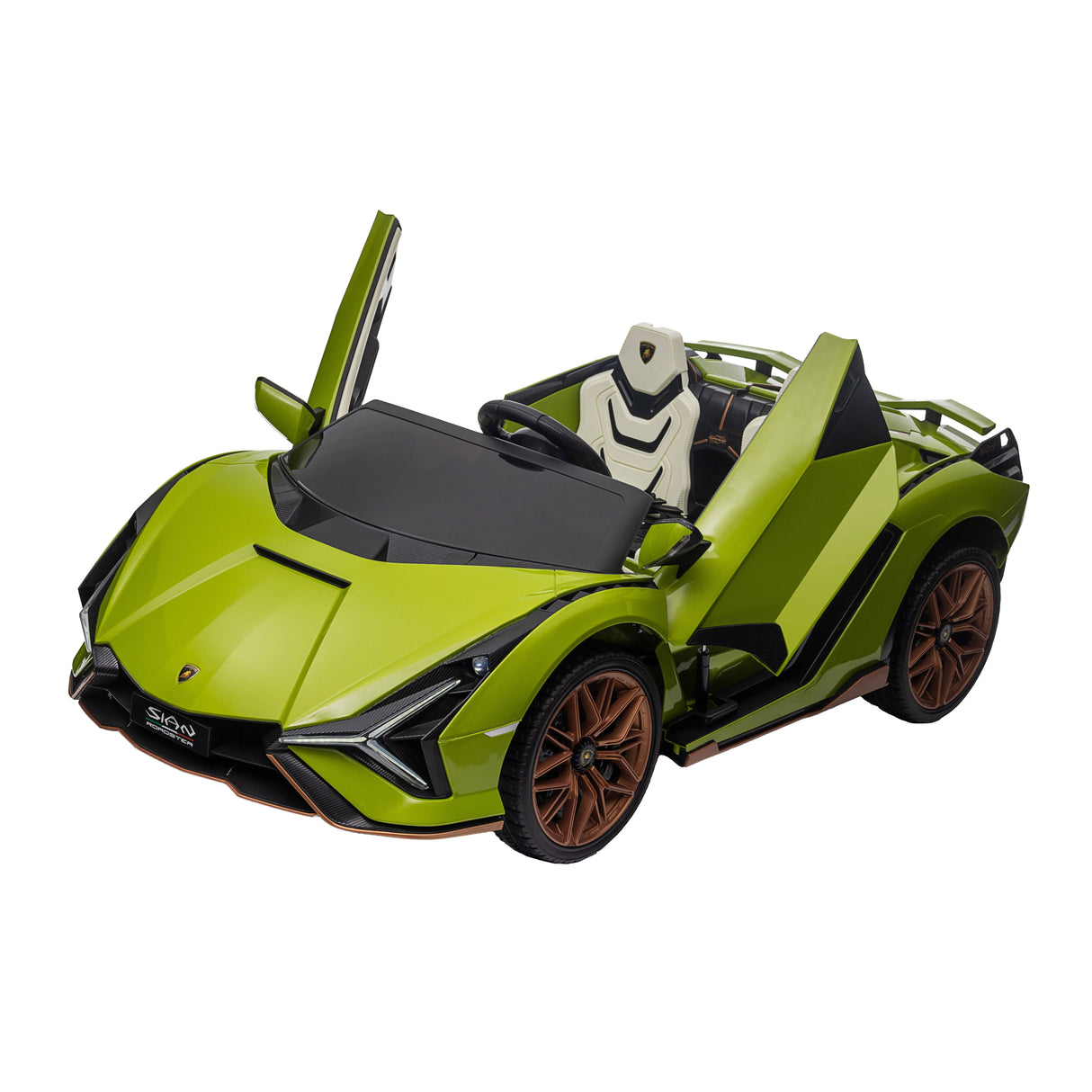 Green lamborghini sian roadster toy sports car with open doors on a white background