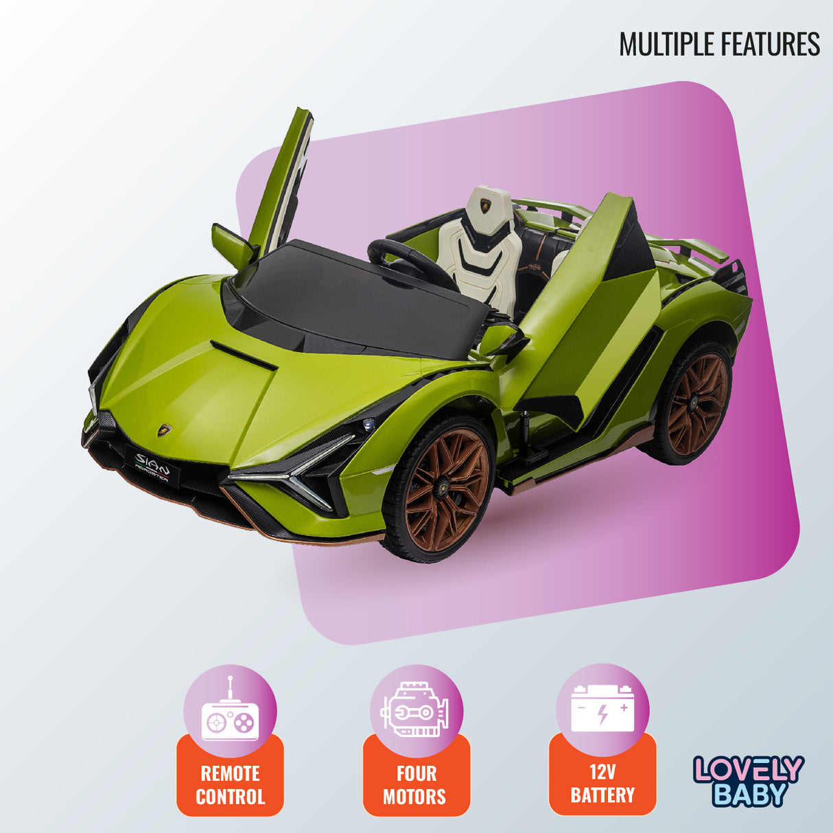Toy car with multiple features highlighted on a light purple background