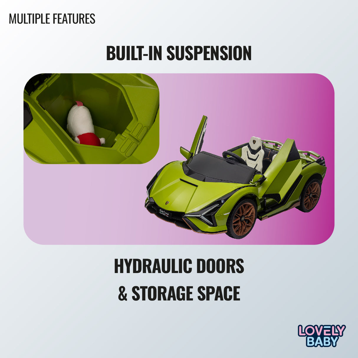 Toy car with green body and red interior on a light purple background, featuring text about features.