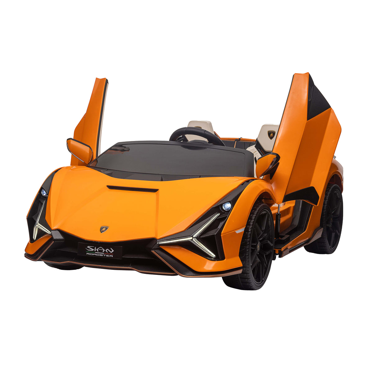 Orange lamborghini sian roadster toy car with open doors on a white background