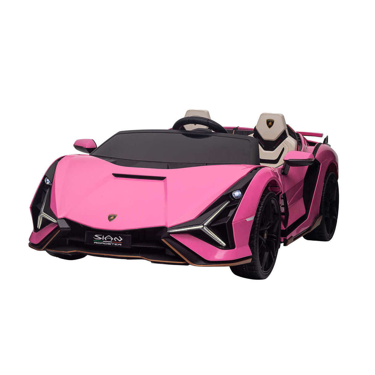 Pink lamborghini sian roadster toy car with black accents on a white background