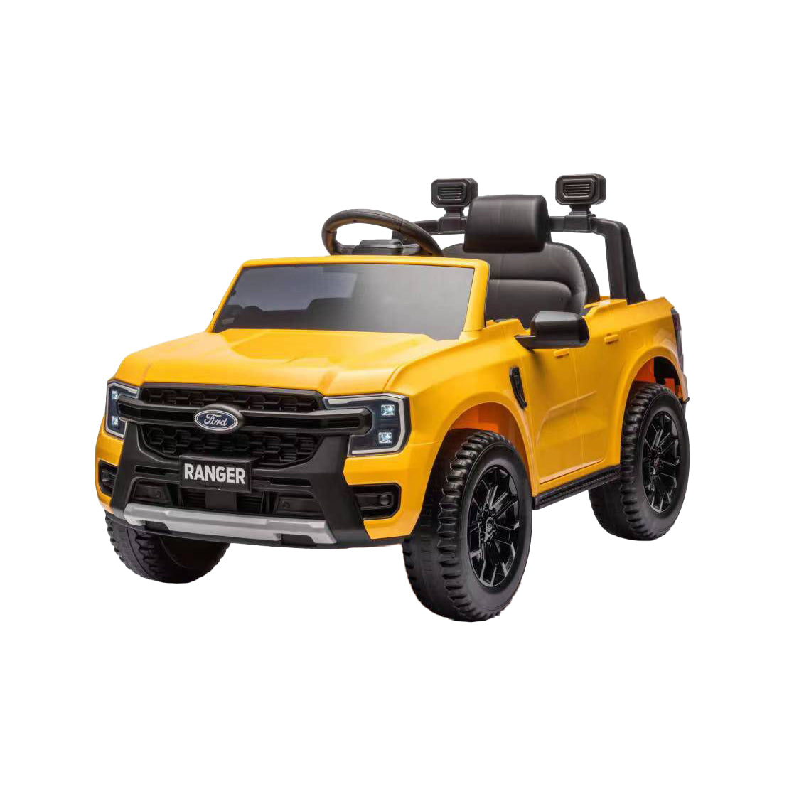 Yellow toy truck with black details resembling a Ford Ranger on a white background