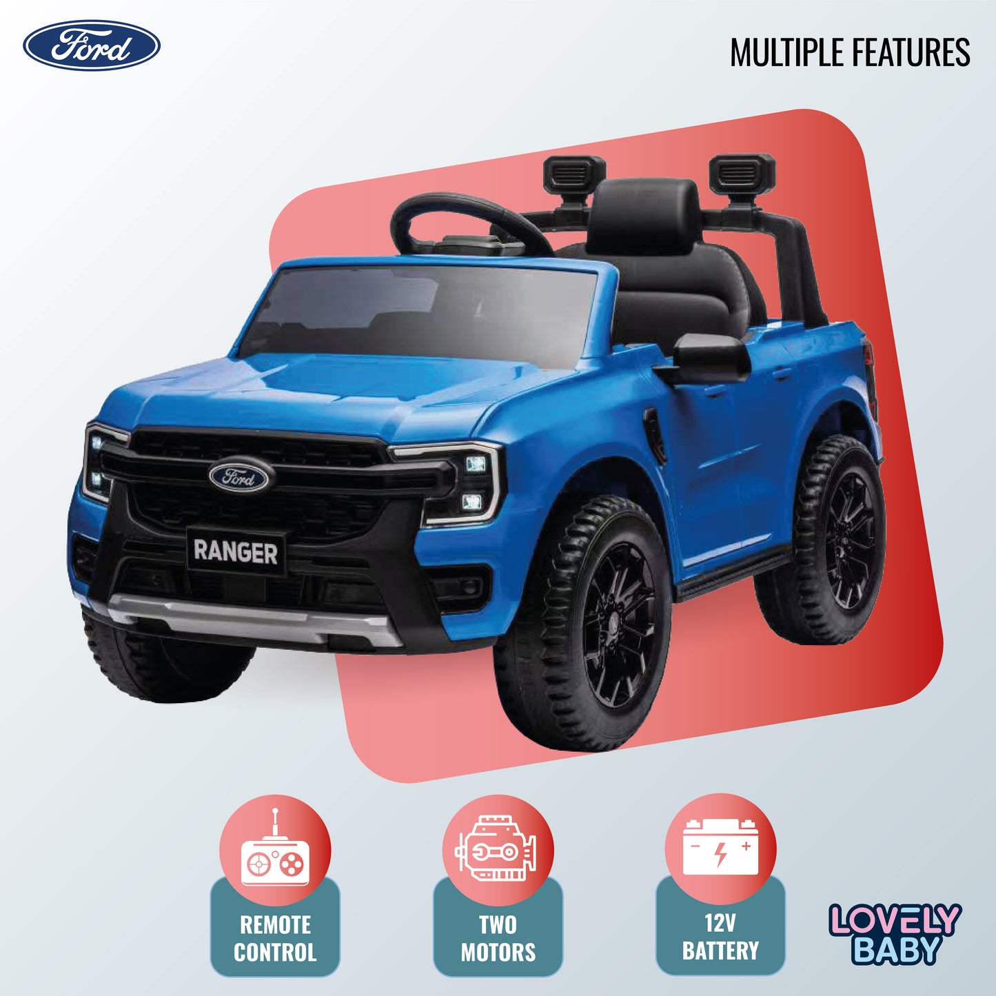 Blue toy truck with Ford logo on a light gray background