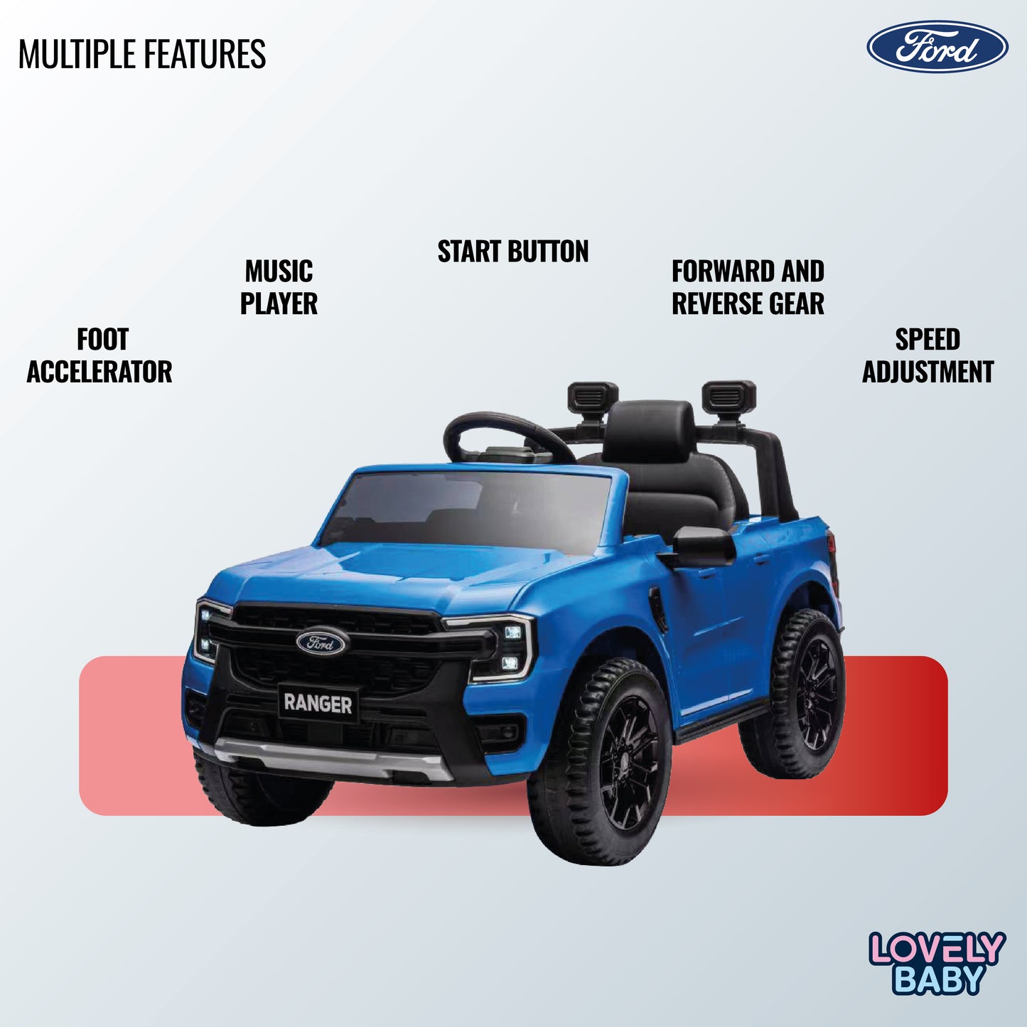 Blue toy truck with Ford logo with features listed on a light blue background