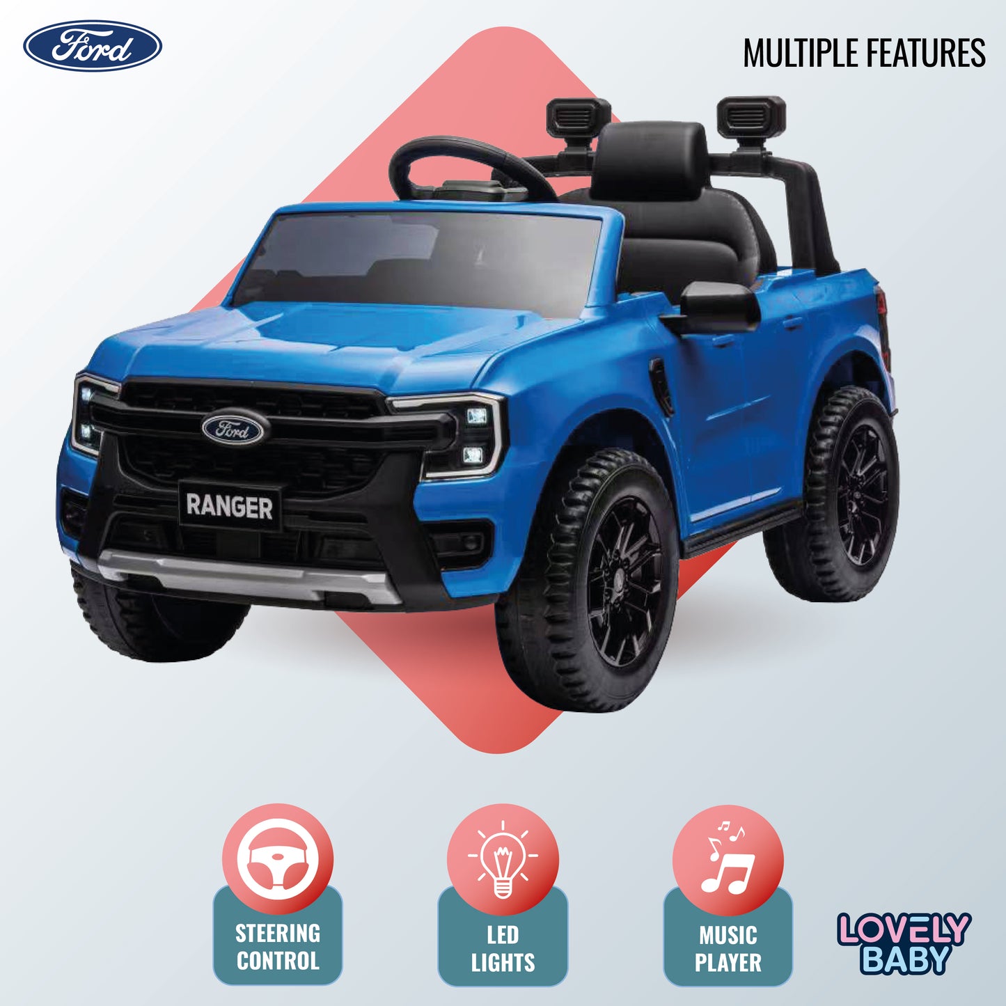 Blue toy truck with Ford logo on a light gray background