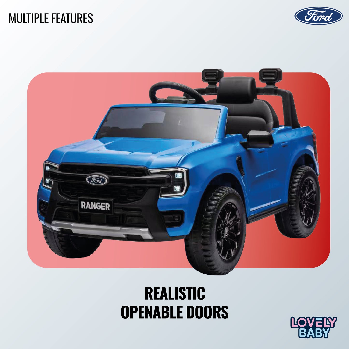 Blue toy truck with openable doors on a light blue background, featuring Ford logo.