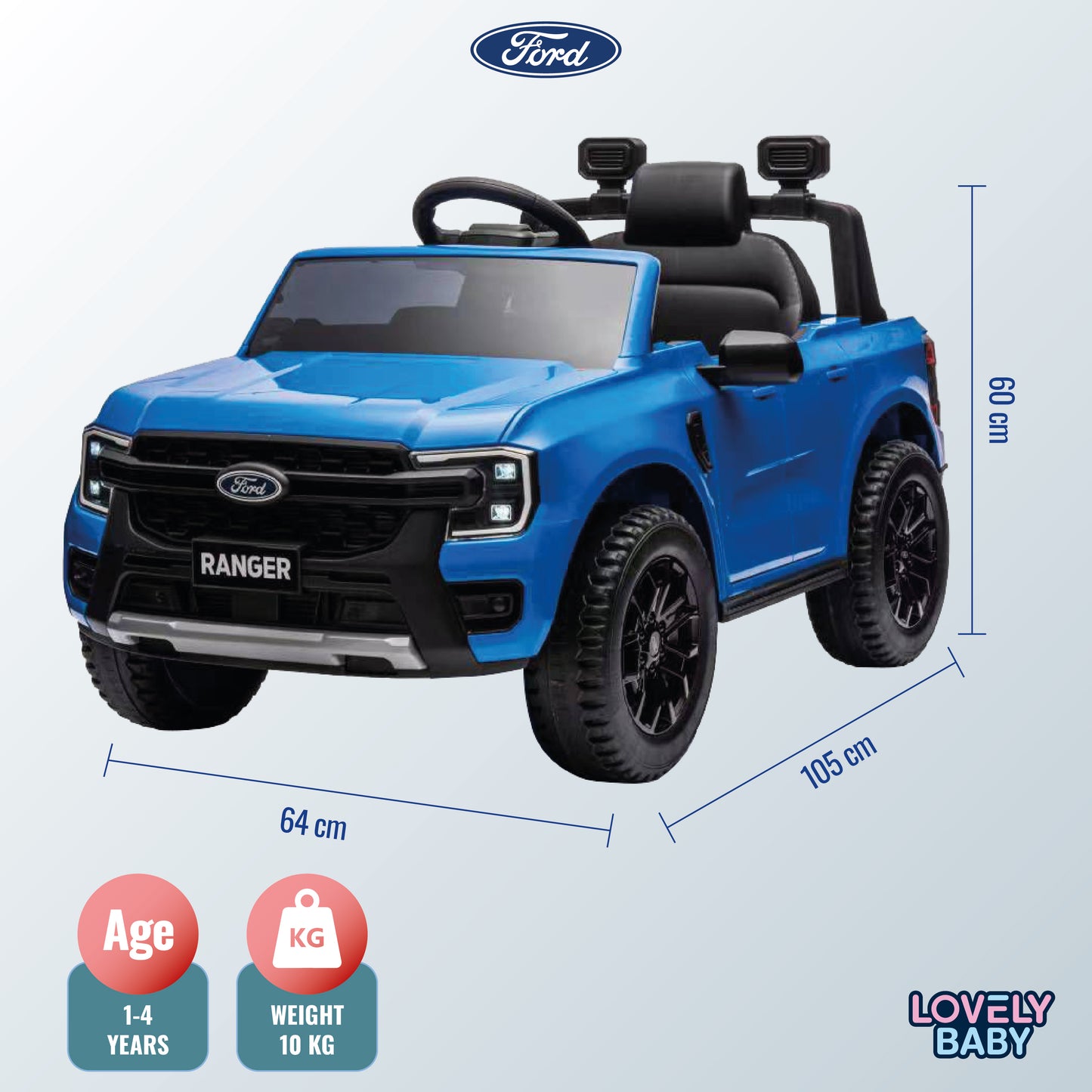 Blue toy truck with Ford logo and dimensions on a light blue background