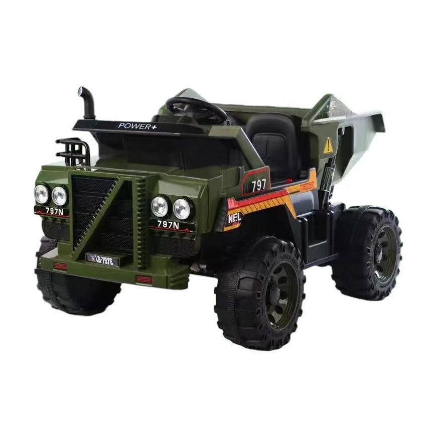 Toy dump truck with green and black color scheme on a white background