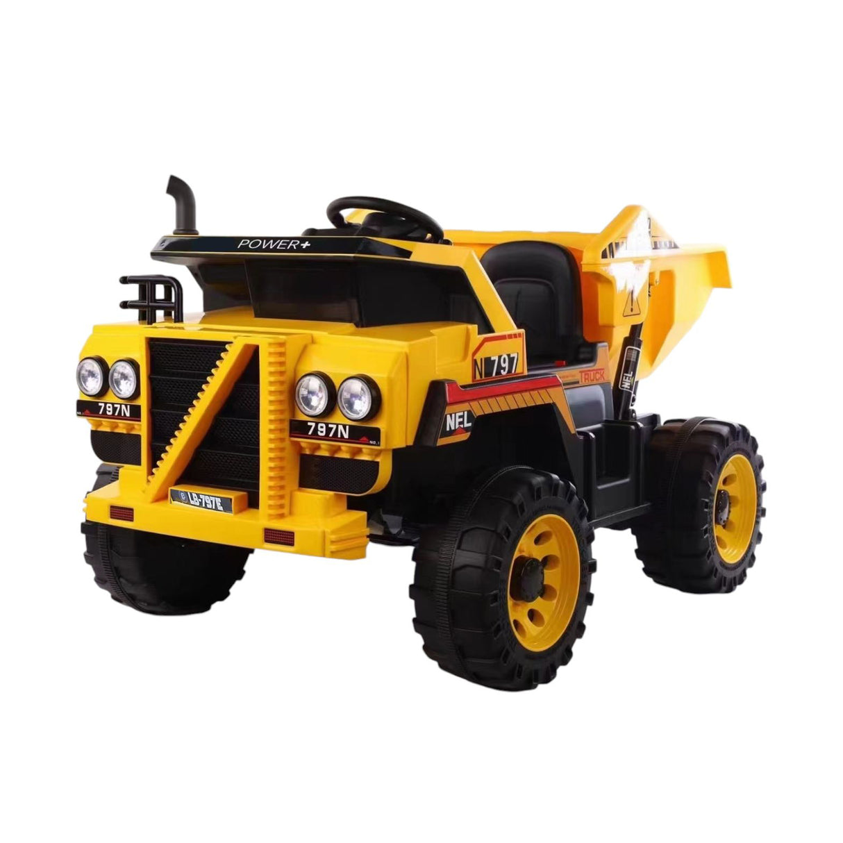 Yellow toy dump truck with black details on a white background