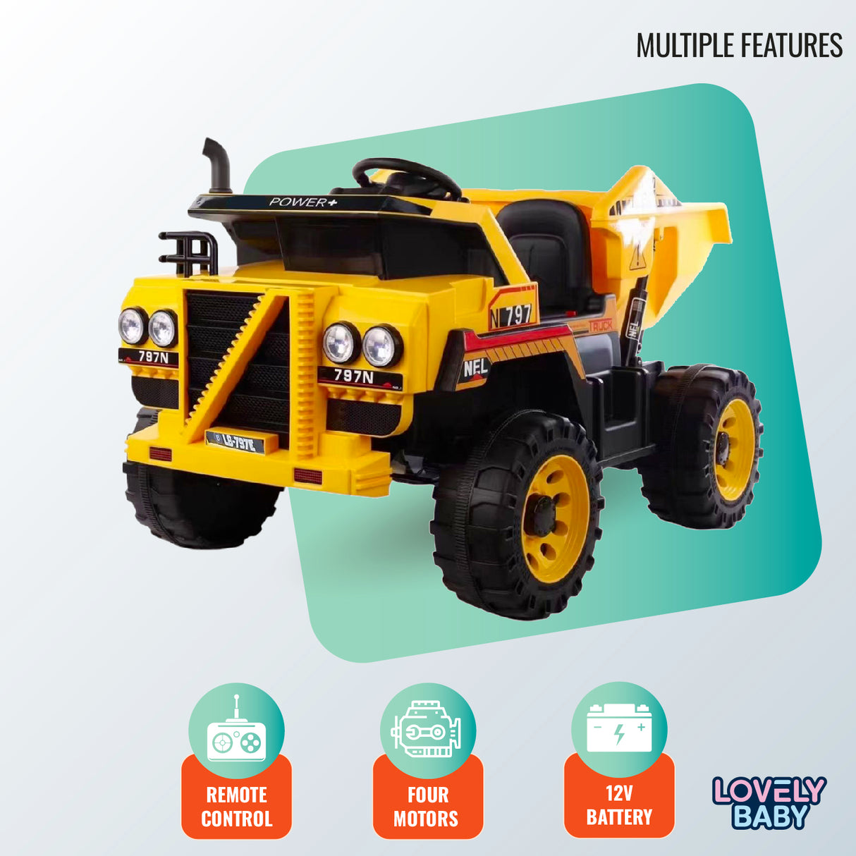 Toy dump truck with multiple features on a light gray background