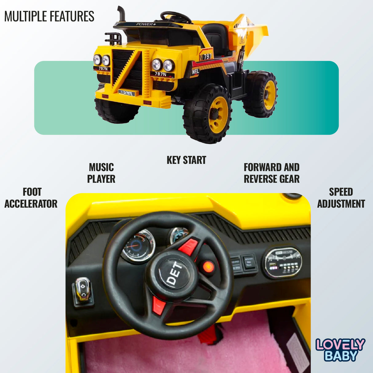 Toy vehicle with features listed on a light gray background