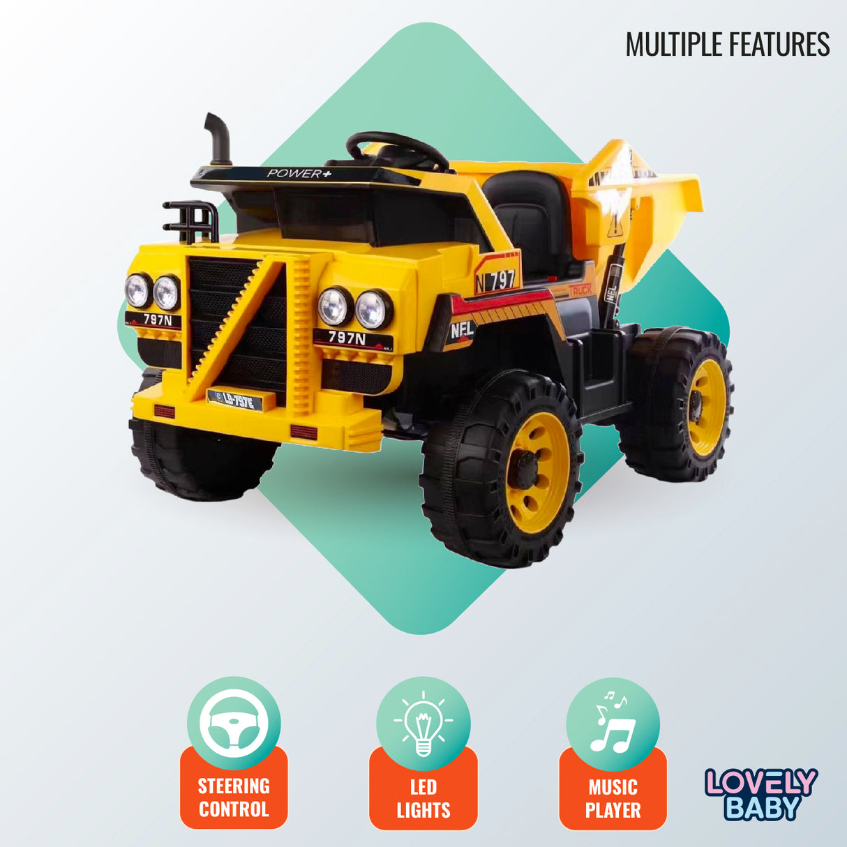 Toy dump truck with multiple features on a light blue background