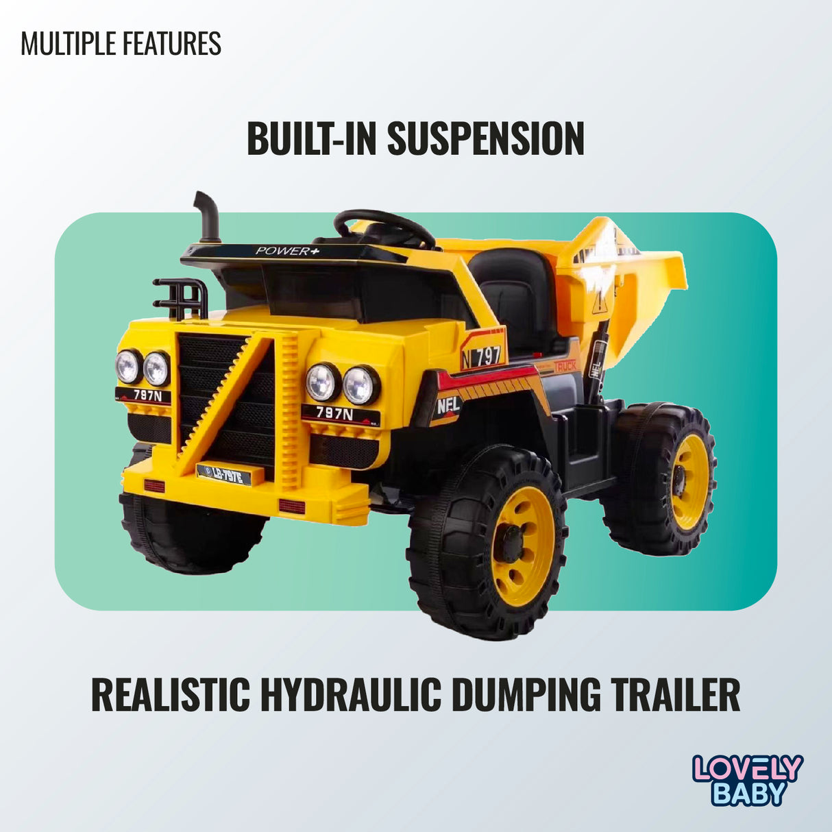 Toy dump truck with built-in suspension on a light blue background, featuring the brand 'Lovely Baby'.