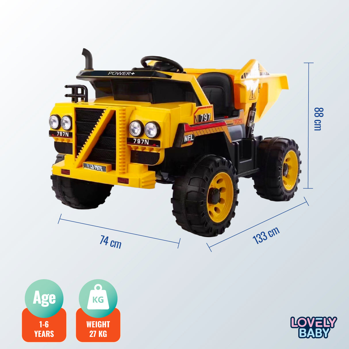 Yellow toy dump truck with dimensions and branding on a light gray background