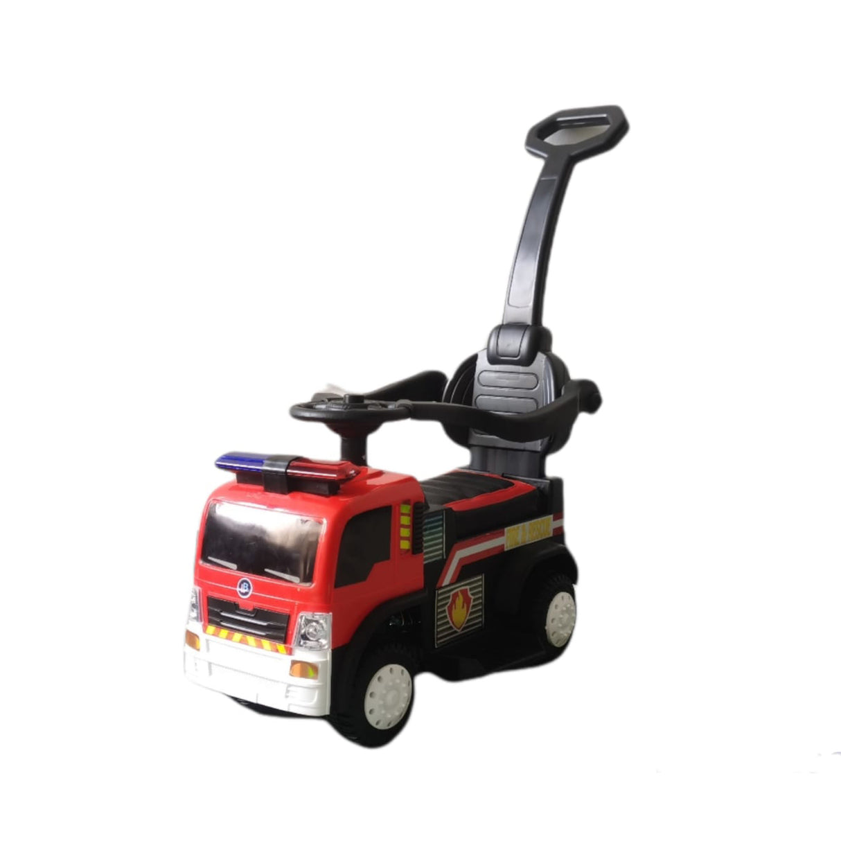 Toy fire truck with a handle on a white background