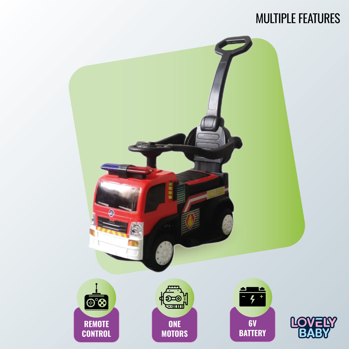 Toy fire truck with remote control, one motor, and 6V battery on a light green background.