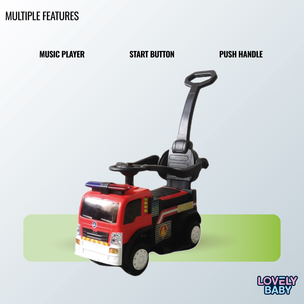 Toy truck with features labeled on a light gray background