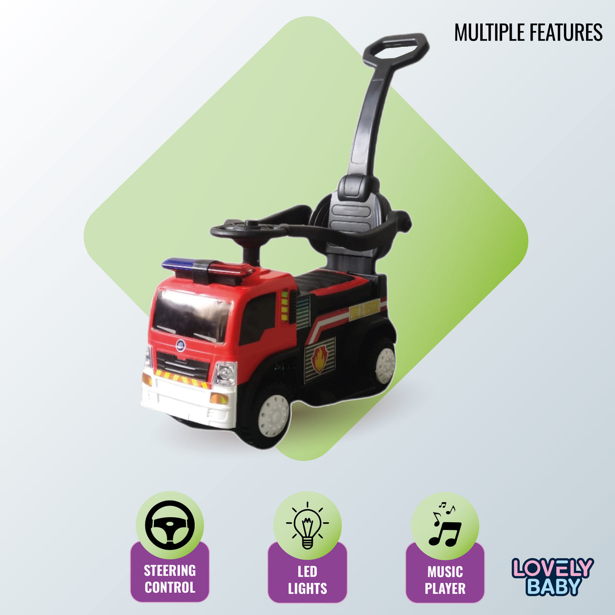 Toy fire truck with steering control, LED lights, and music player on a light gray background.