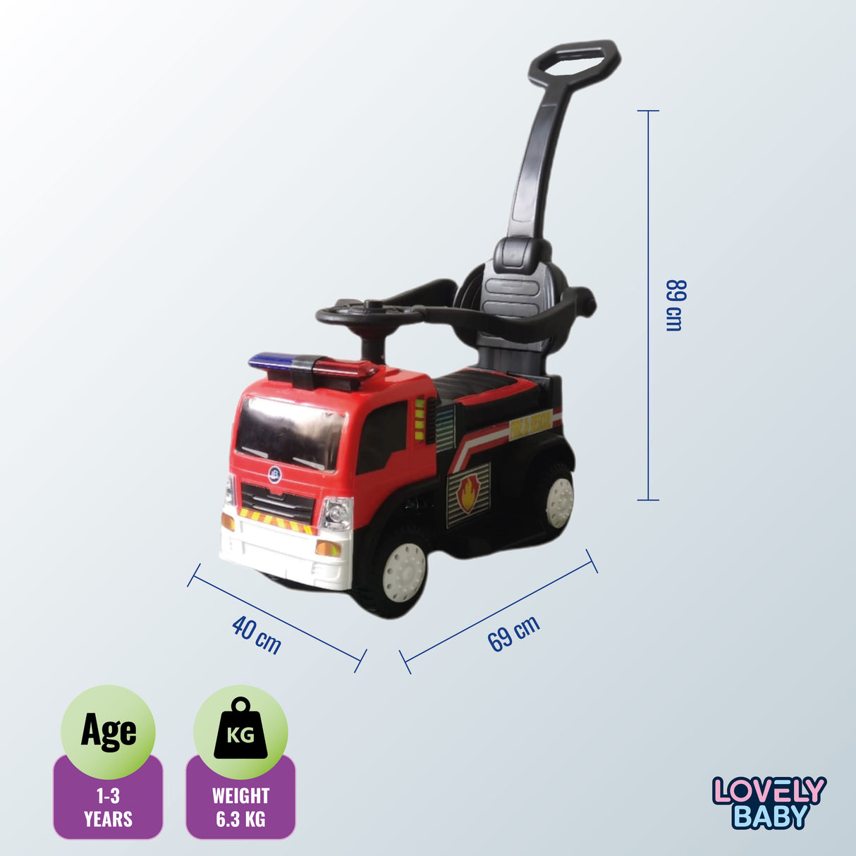 Toy fire truck with dimensions and specifications on a light gray background