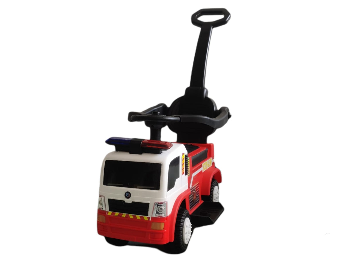 Toy fire truck with a handle on a white background