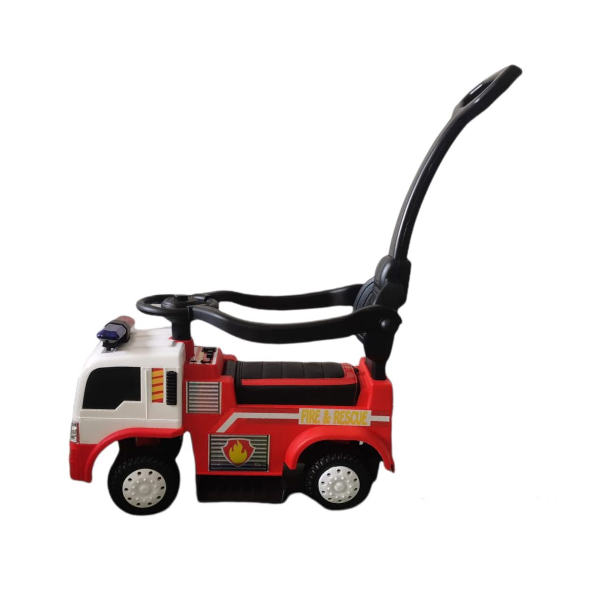 Toy fire truck with a black handle on a white background